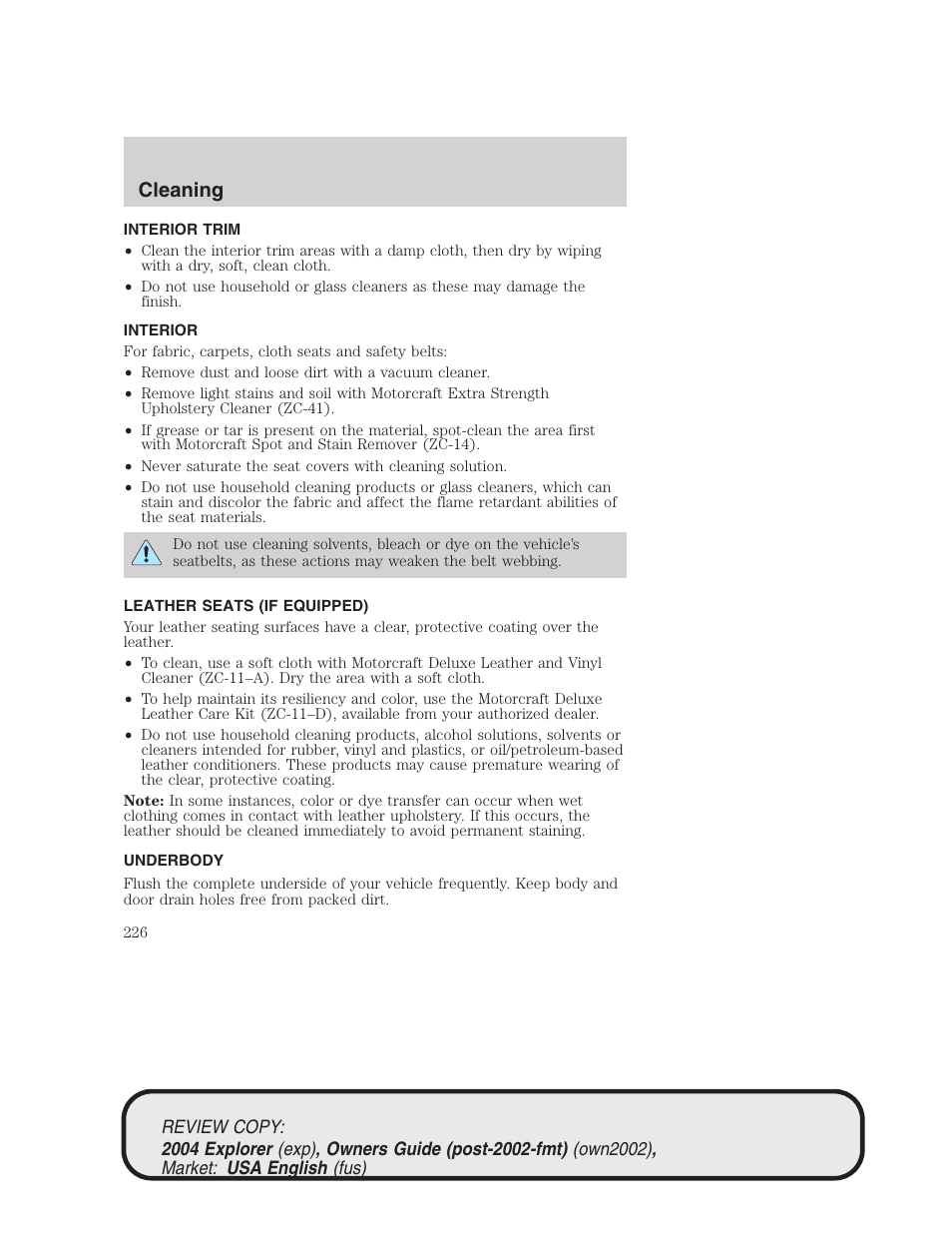 Cleaning | FORD 2004 Explorer v.3 User Manual | Page 226 / 296