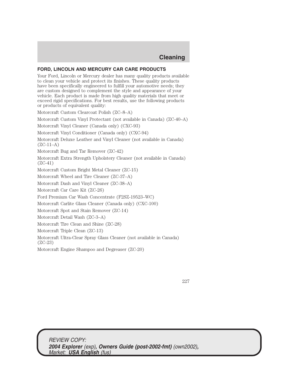 Cleaning | FORD 2004 Explorer v.3 User Manual | Page 227 / 296