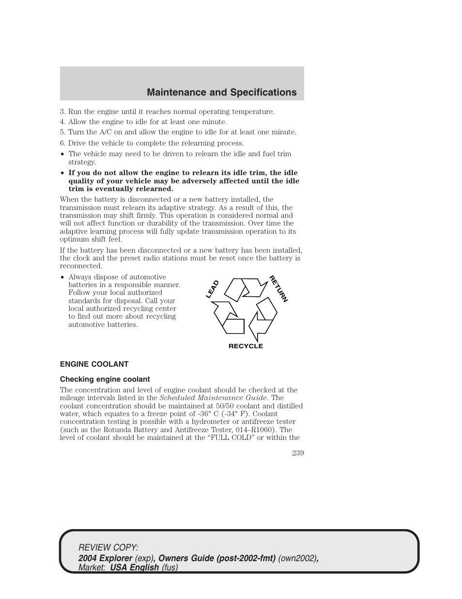 Maintenance and specifications | FORD 2004 Explorer v.3 User Manual | Page 239 / 296