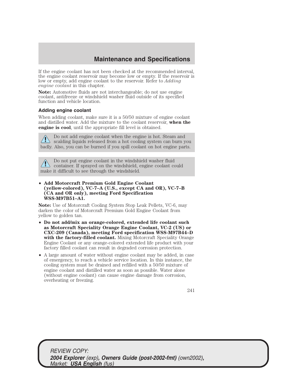 Maintenance and specifications | FORD 2004 Explorer v.3 User Manual | Page 241 / 296