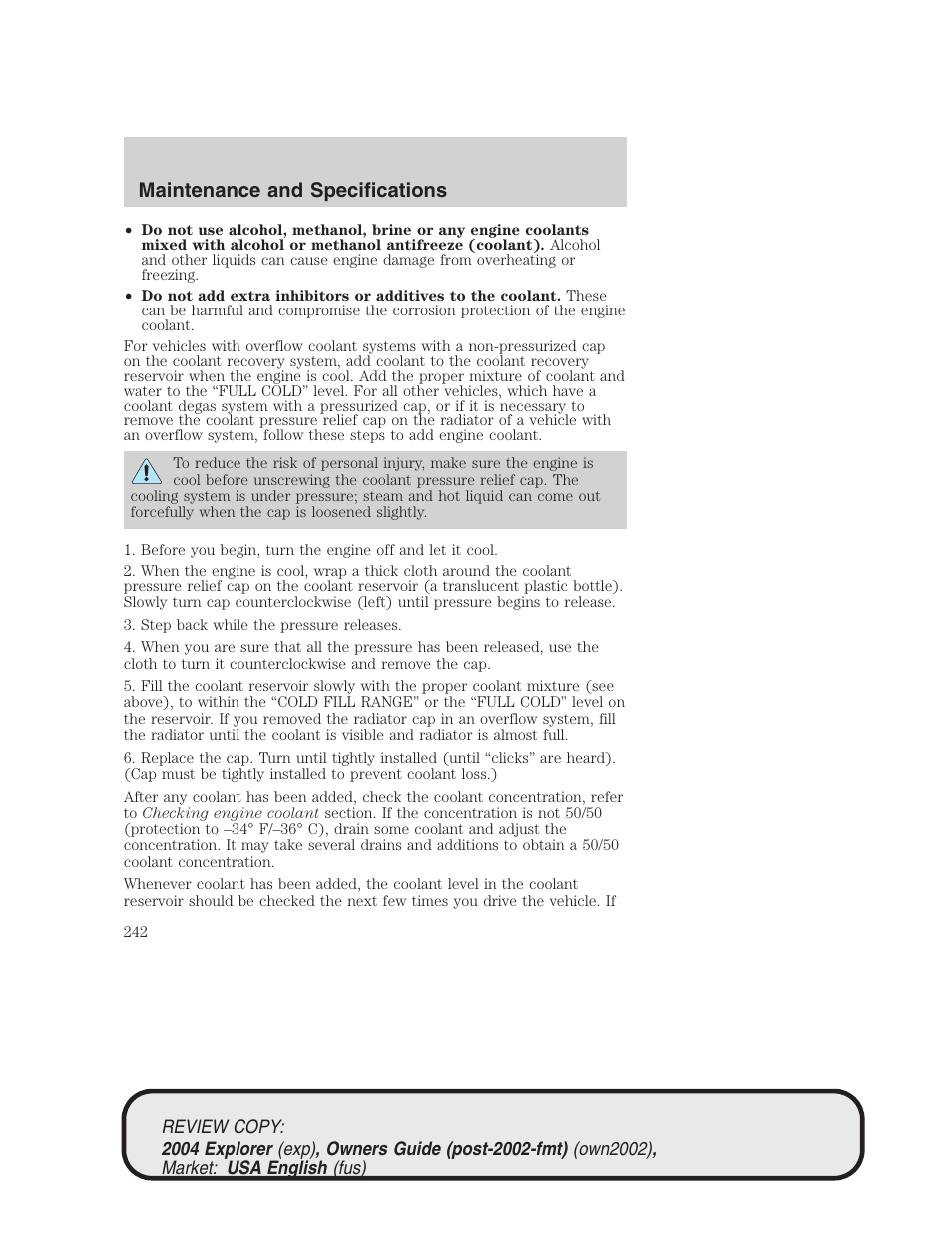 Maintenance and specifications | FORD 2004 Explorer v.3 User Manual | Page 242 / 296