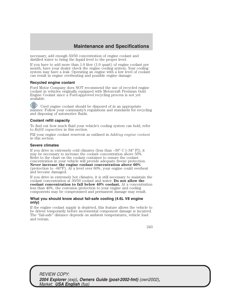 Maintenance and specifications | FORD 2004 Explorer v.3 User Manual | Page 243 / 296