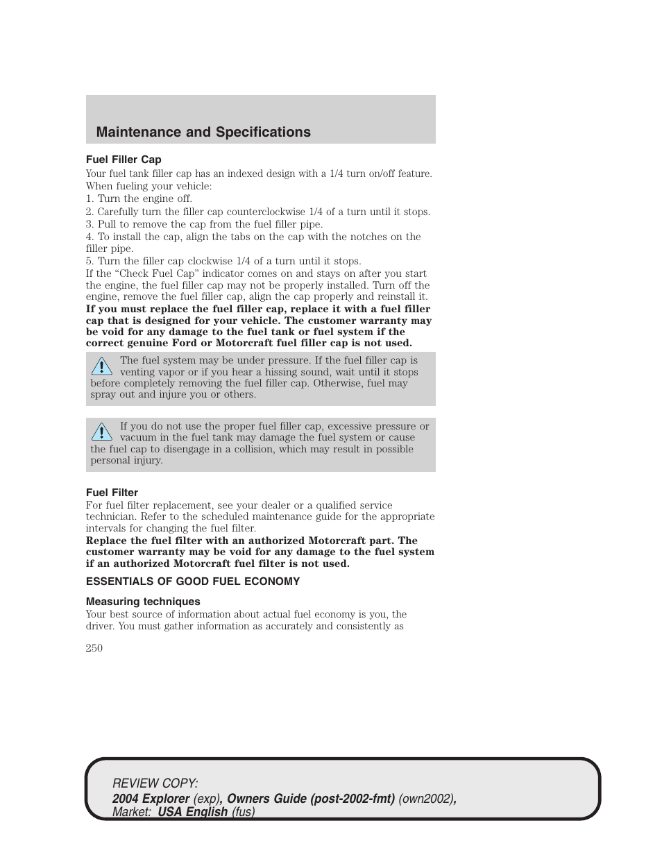 Maintenance and specifications | FORD 2004 Explorer v.3 User Manual | Page 250 / 296