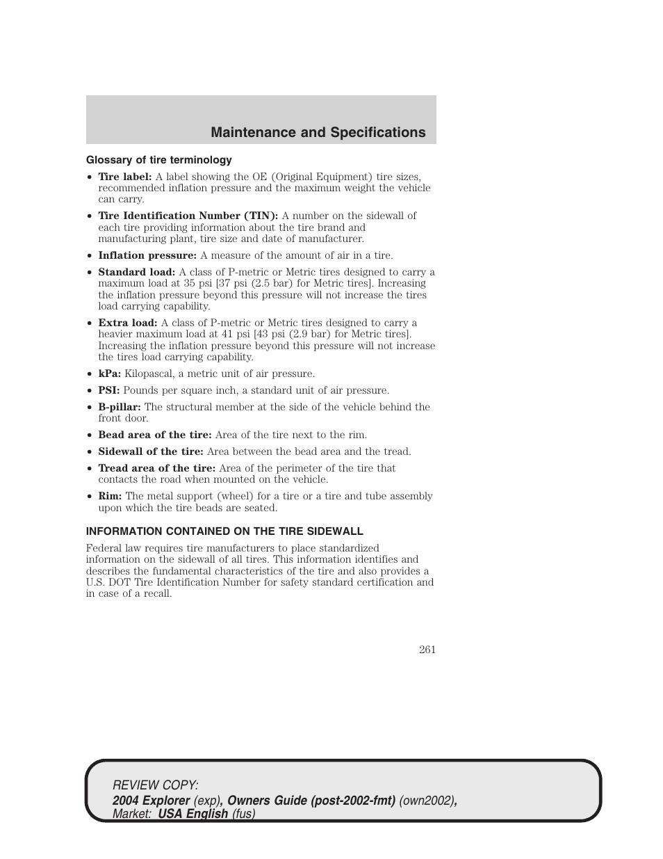 Maintenance and specifications | FORD 2004 Explorer v.3 User Manual | Page 261 / 296