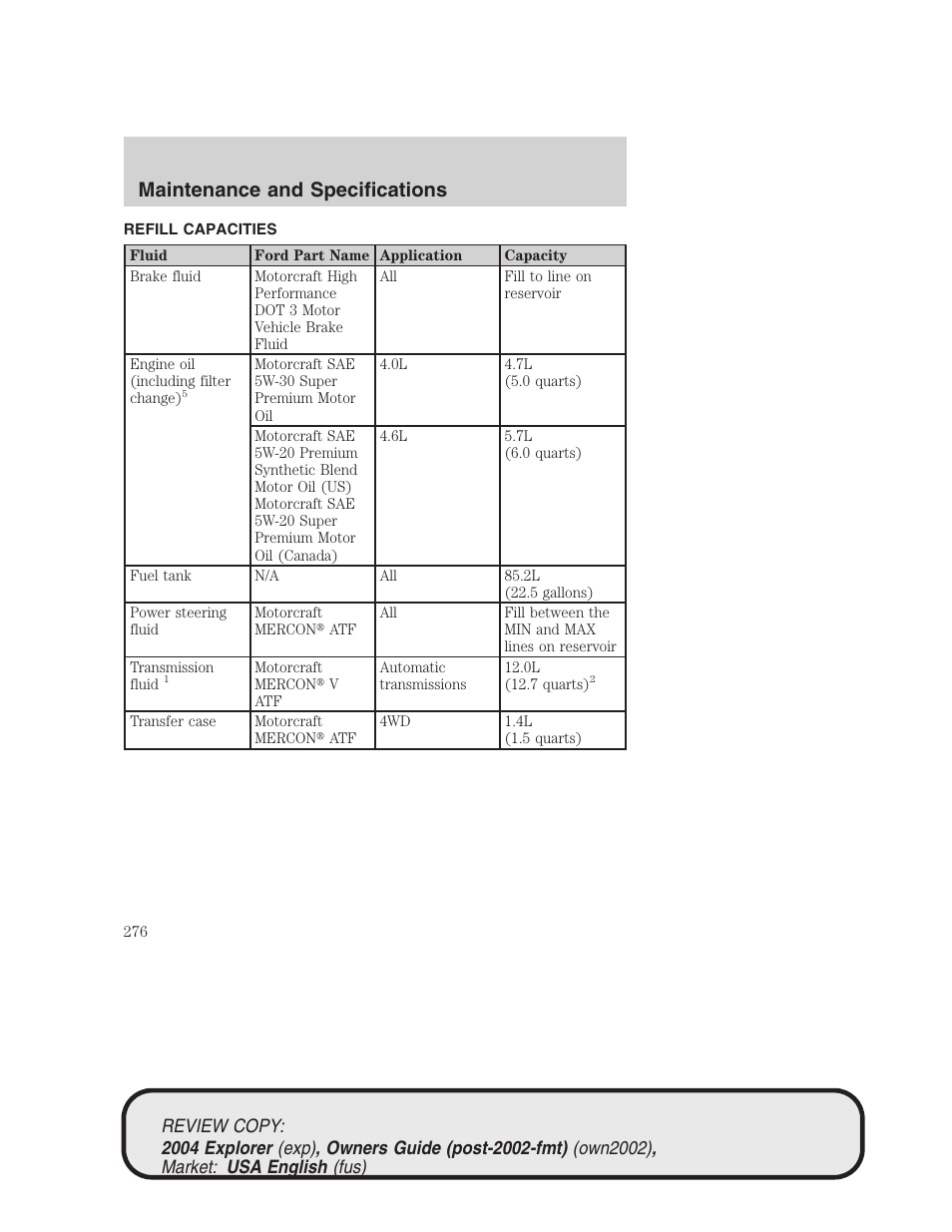 Maintenance and specifications | FORD 2004 Explorer v.3 User Manual | Page 276 / 296