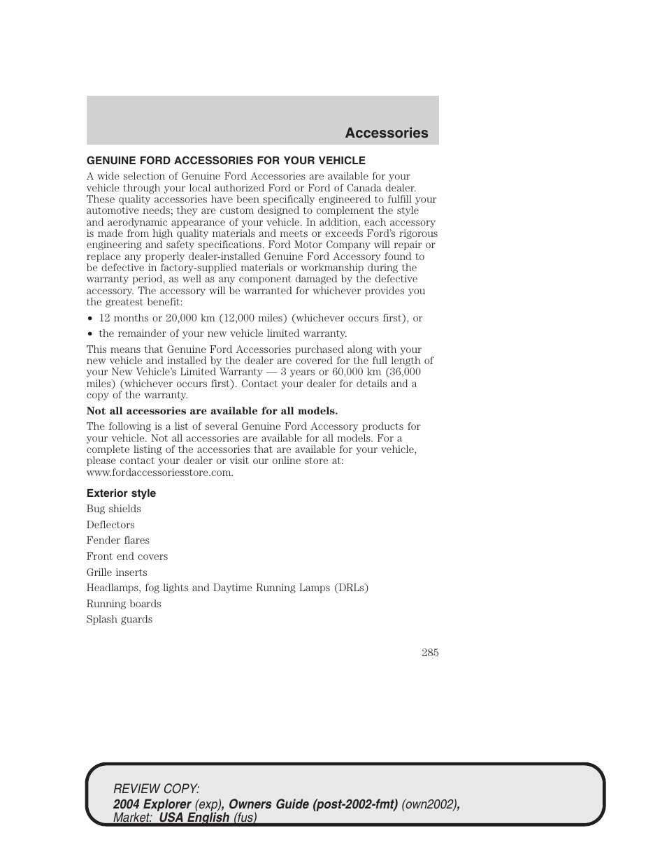 Accessories | FORD 2004 Explorer v.3 User Manual | Page 285 / 296