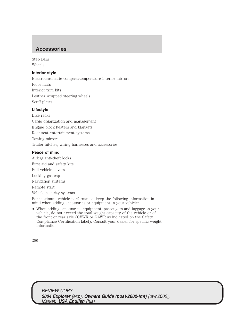 Accessories | FORD 2004 Explorer v.3 User Manual | Page 286 / 296