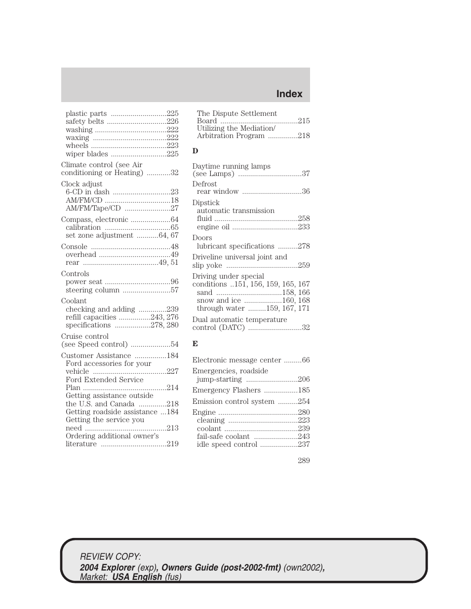 Index | FORD 2004 Explorer v.3 User Manual | Page 289 / 296