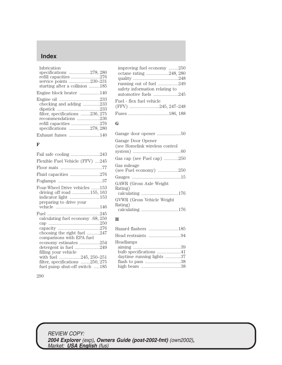 Index | FORD 2004 Explorer v.3 User Manual | Page 290 / 296