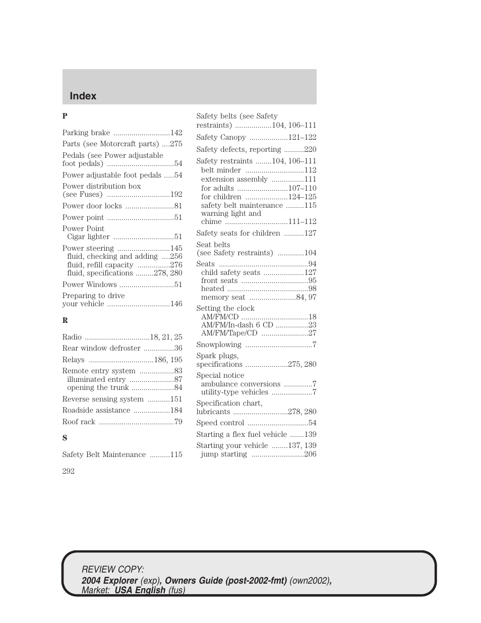Index | FORD 2004 Explorer v.3 User Manual | Page 292 / 296