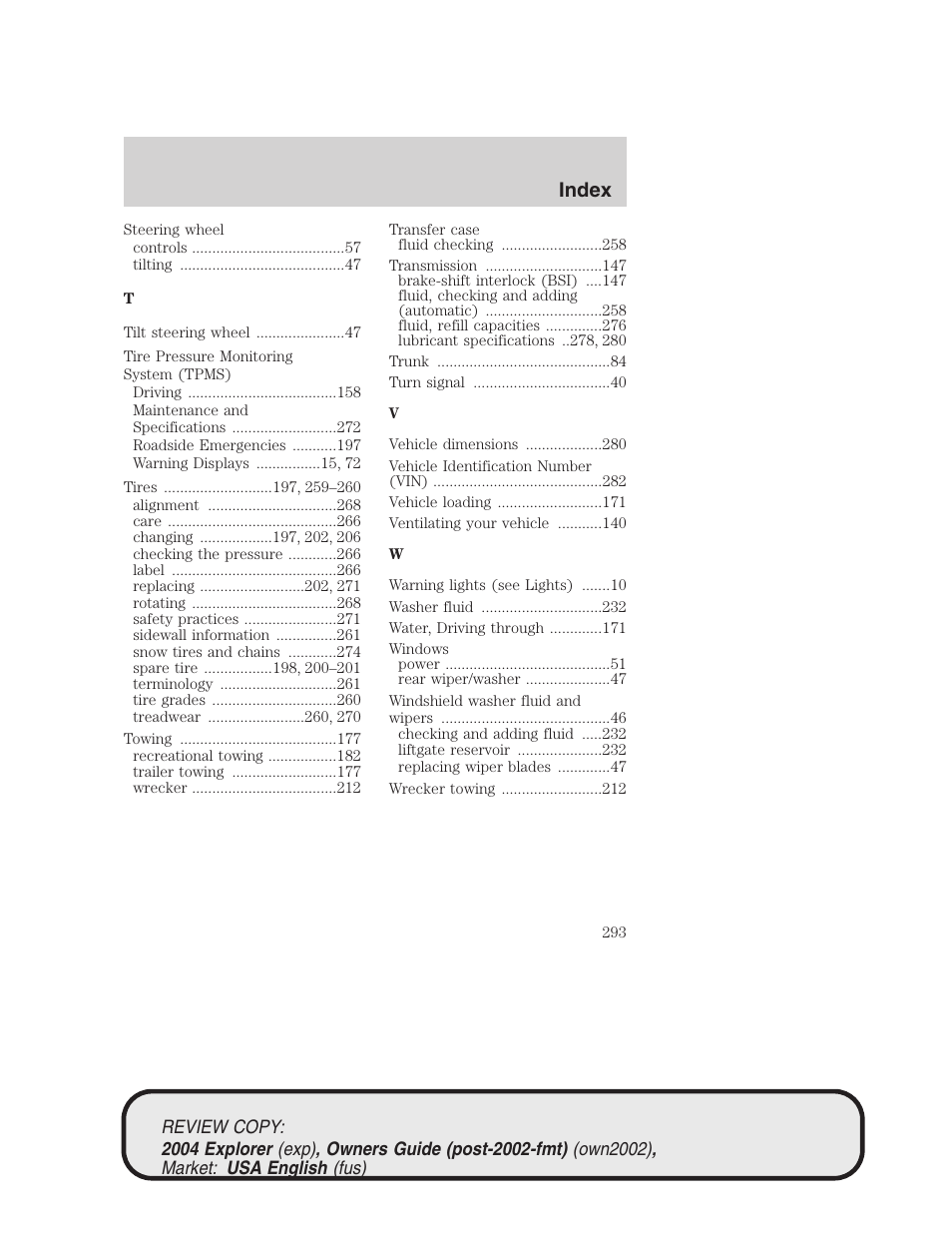 Index | FORD 2004 Explorer v.3 User Manual | Page 293 / 296