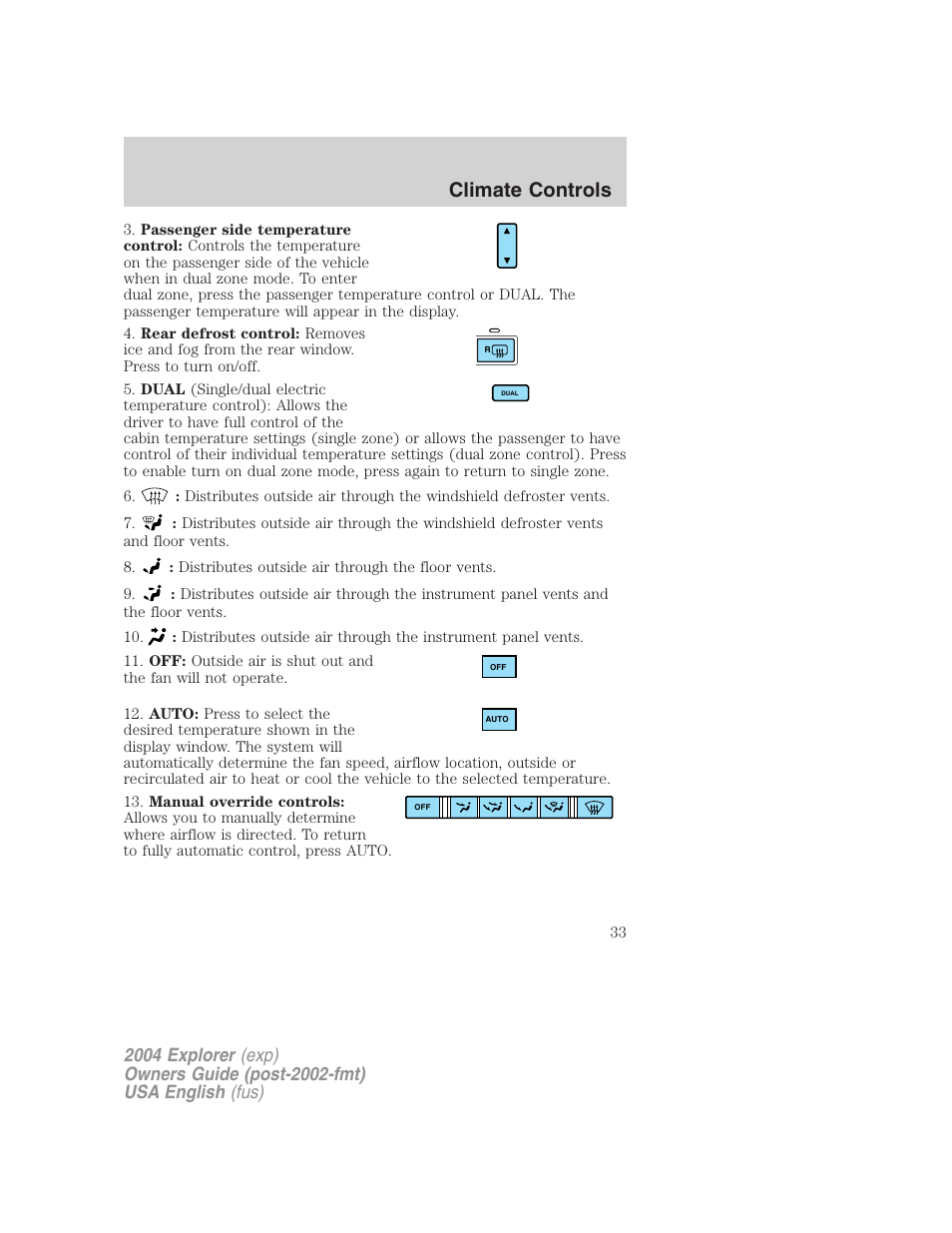 Climate controls | FORD 2004 Explorer v.3 User Manual | Page 33 / 296