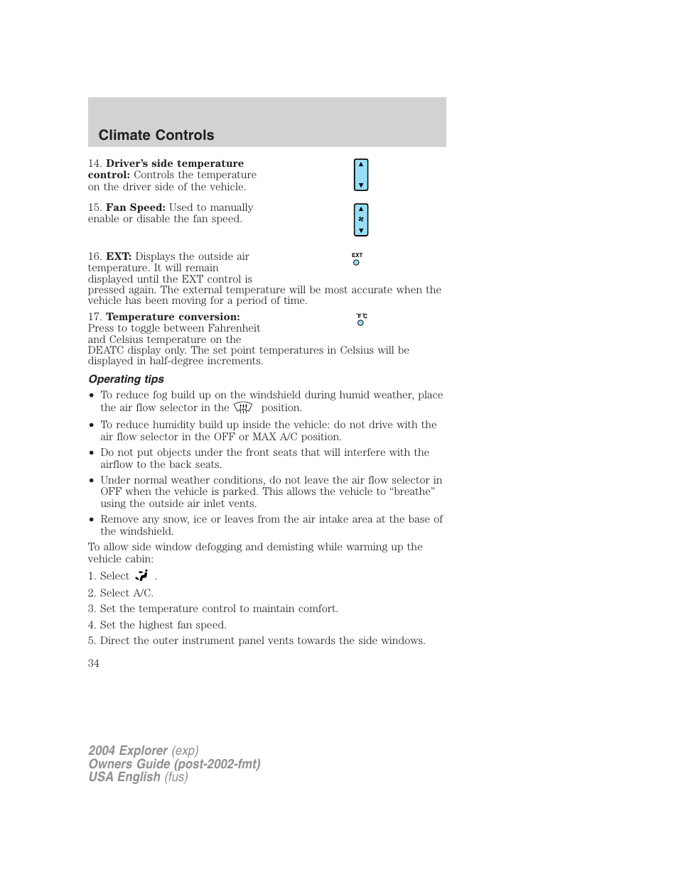Climate controls | FORD 2004 Explorer v.3 User Manual | Page 34 / 296