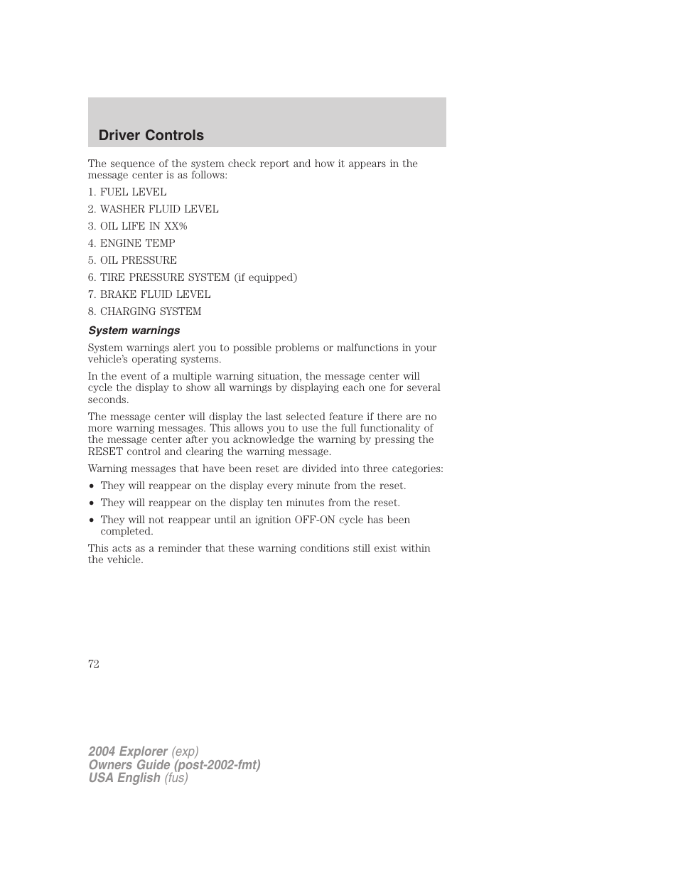 Driver controls | FORD 2004 Explorer v.3 User Manual | Page 72 / 296