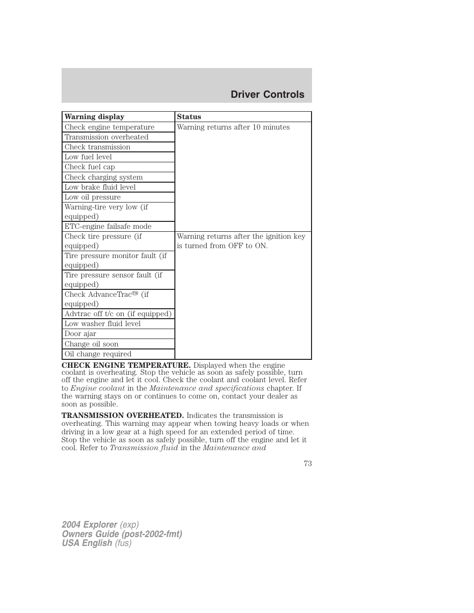 Driver controls | FORD 2004 Explorer v.3 User Manual | Page 73 / 296