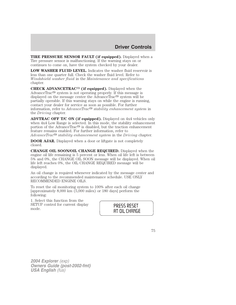 Driver controls | FORD 2004 Explorer v.3 User Manual | Page 75 / 296