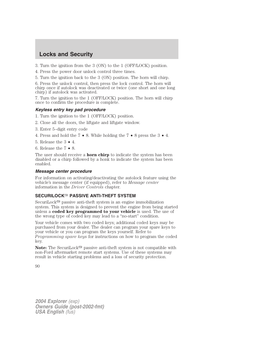 Locks and security | FORD 2004 Explorer v.3 User Manual | Page 90 / 296