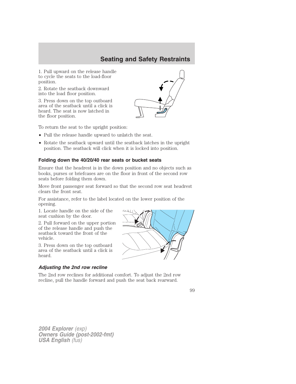 Seating and safety restraints | FORD 2004 Explorer v.3 User Manual | Page 99 / 296