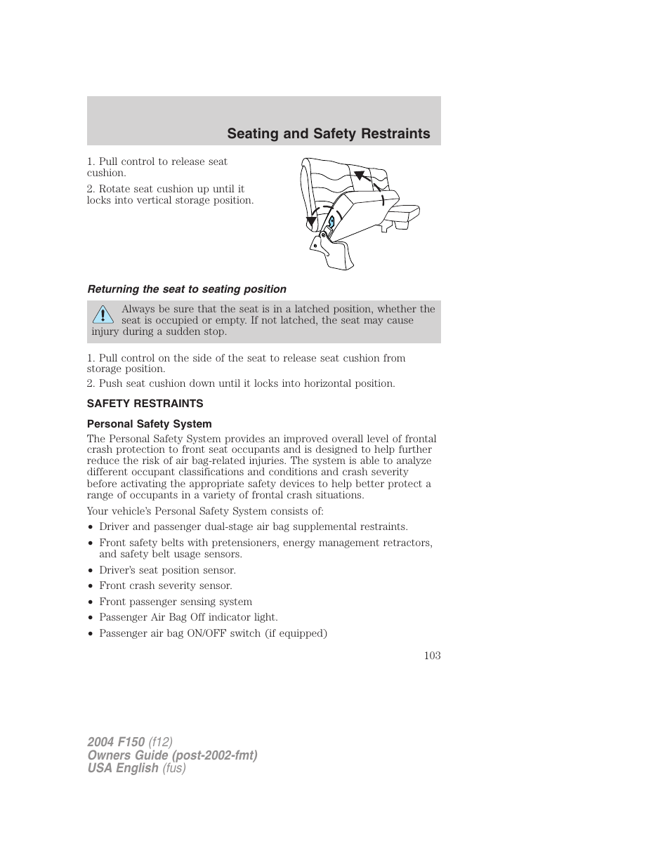 Seating and safety restraints | FORD 2004 F-150 v.2 User Manual | Page 103 / 296