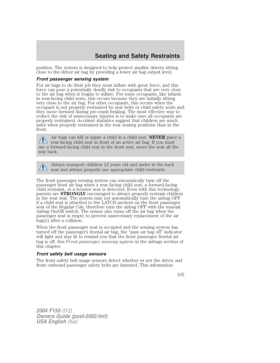 Seating and safety restraints | FORD 2004 F-150 v.2 User Manual | Page 105 / 296