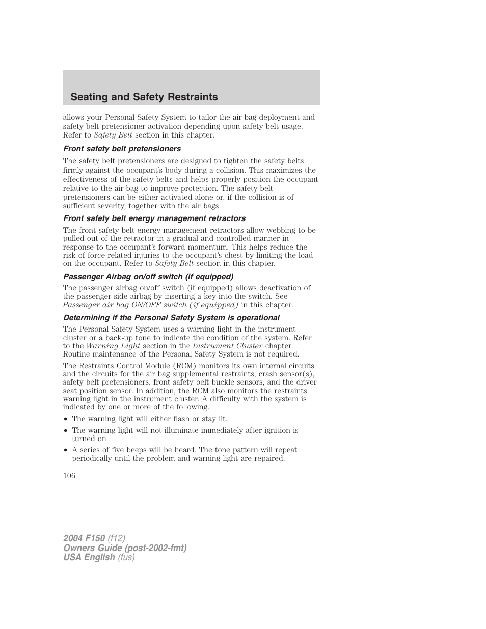 Seating and safety restraints | FORD 2004 F-150 v.2 User Manual | Page 106 / 296