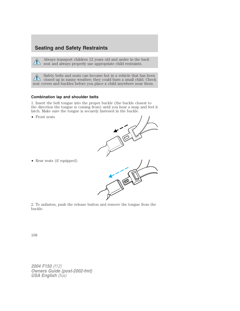 Seating and safety restraints | FORD 2004 F-150 v.2 User Manual | Page 108 / 296