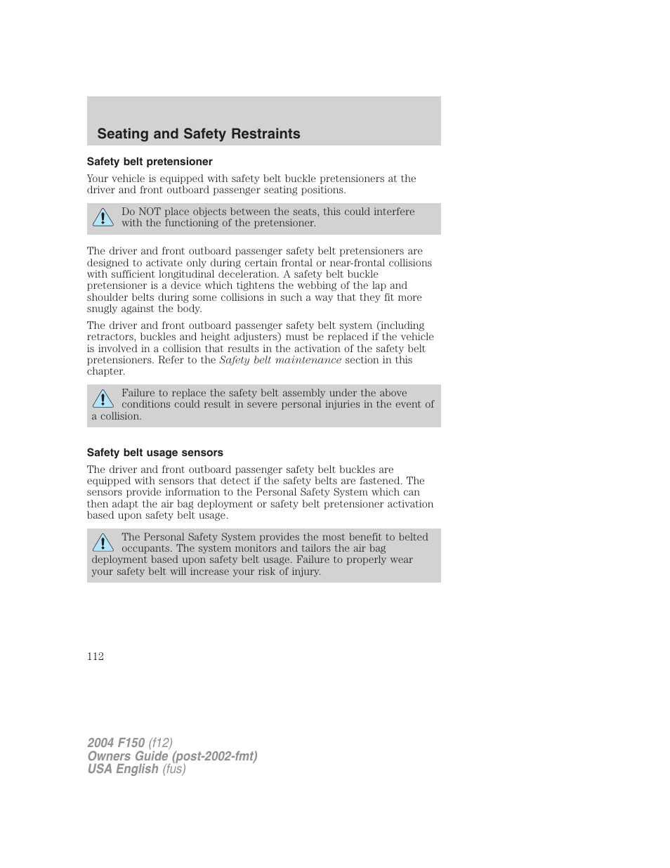 Seating and safety restraints | FORD 2004 F-150 v.2 User Manual | Page 112 / 296