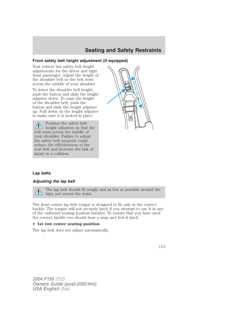 Seating and safety restraints | FORD 2004 F-150 v.2 User Manual | Page 113 / 296