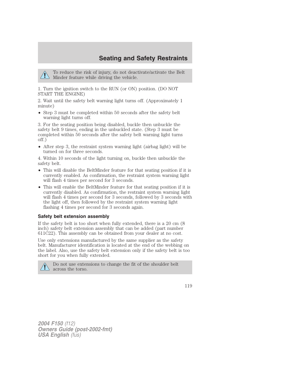 Seating and safety restraints | FORD 2004 F-150 v.2 User Manual | Page 119 / 296