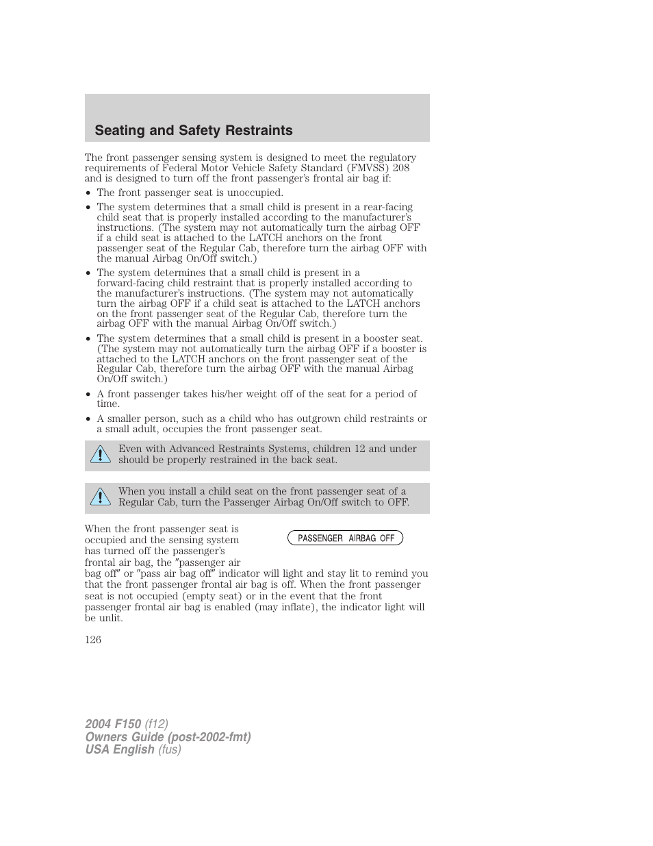 Seating and safety restraints | FORD 2004 F-150 v.2 User Manual | Page 126 / 296
