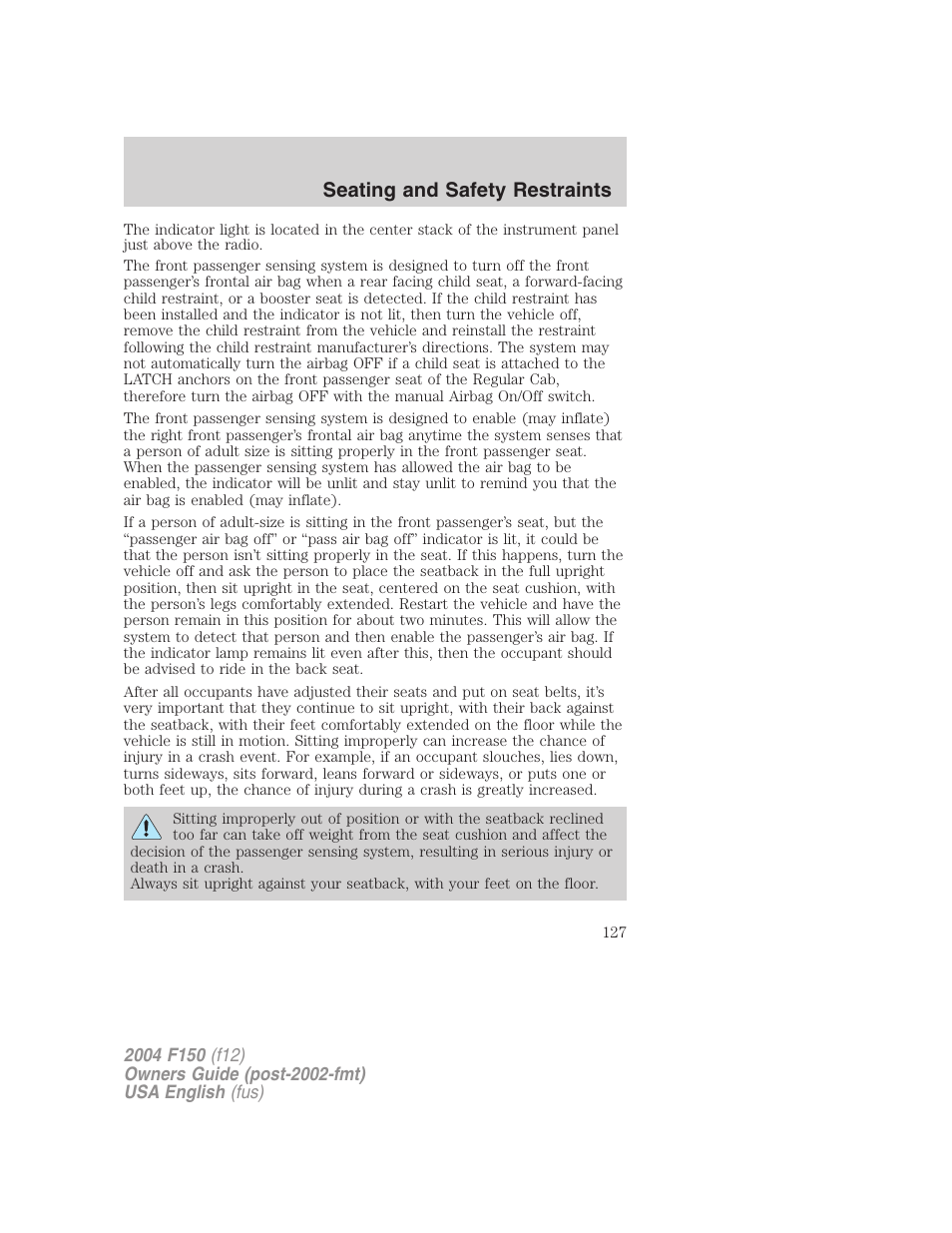 Seating and safety restraints | FORD 2004 F-150 v.2 User Manual | Page 127 / 296