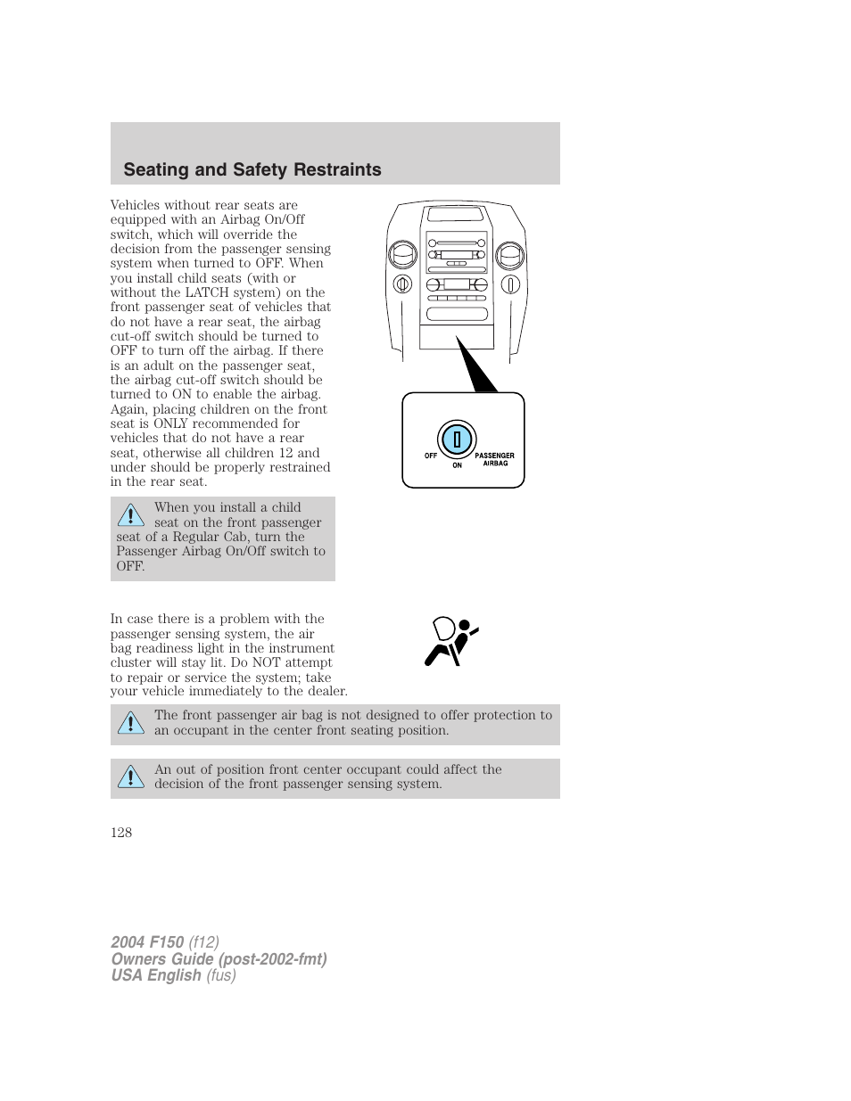 Seating and safety restraints | FORD 2004 F-150 v.2 User Manual | Page 128 / 296