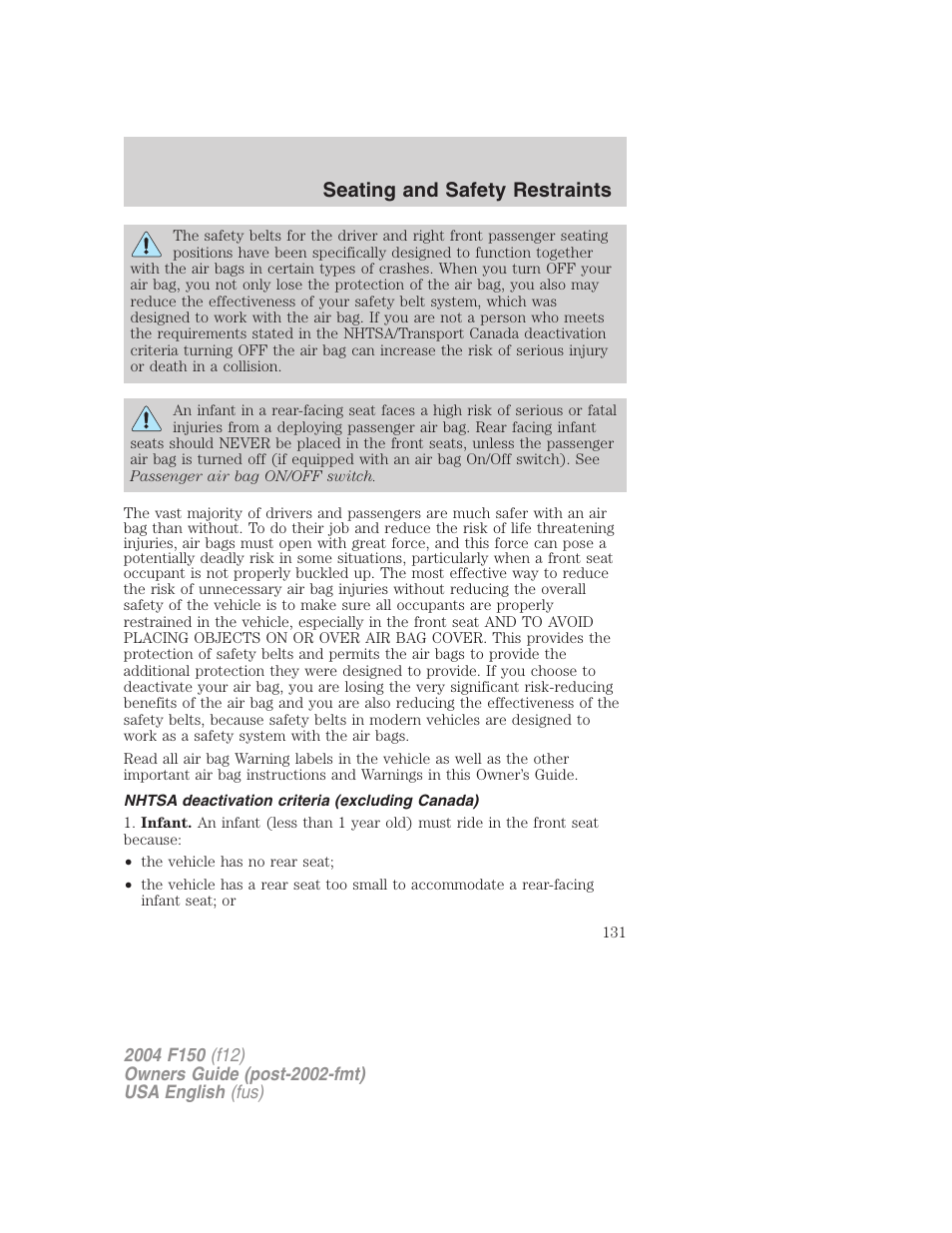 Seating and safety restraints | FORD 2004 F-150 v.2 User Manual | Page 131 / 296