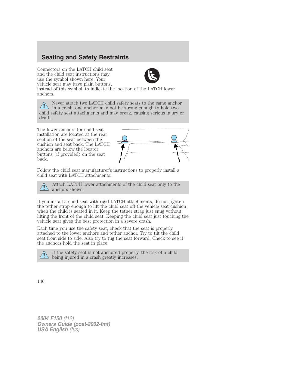 Seating and safety restraints | FORD 2004 F-150 v.2 User Manual | Page 146 / 296