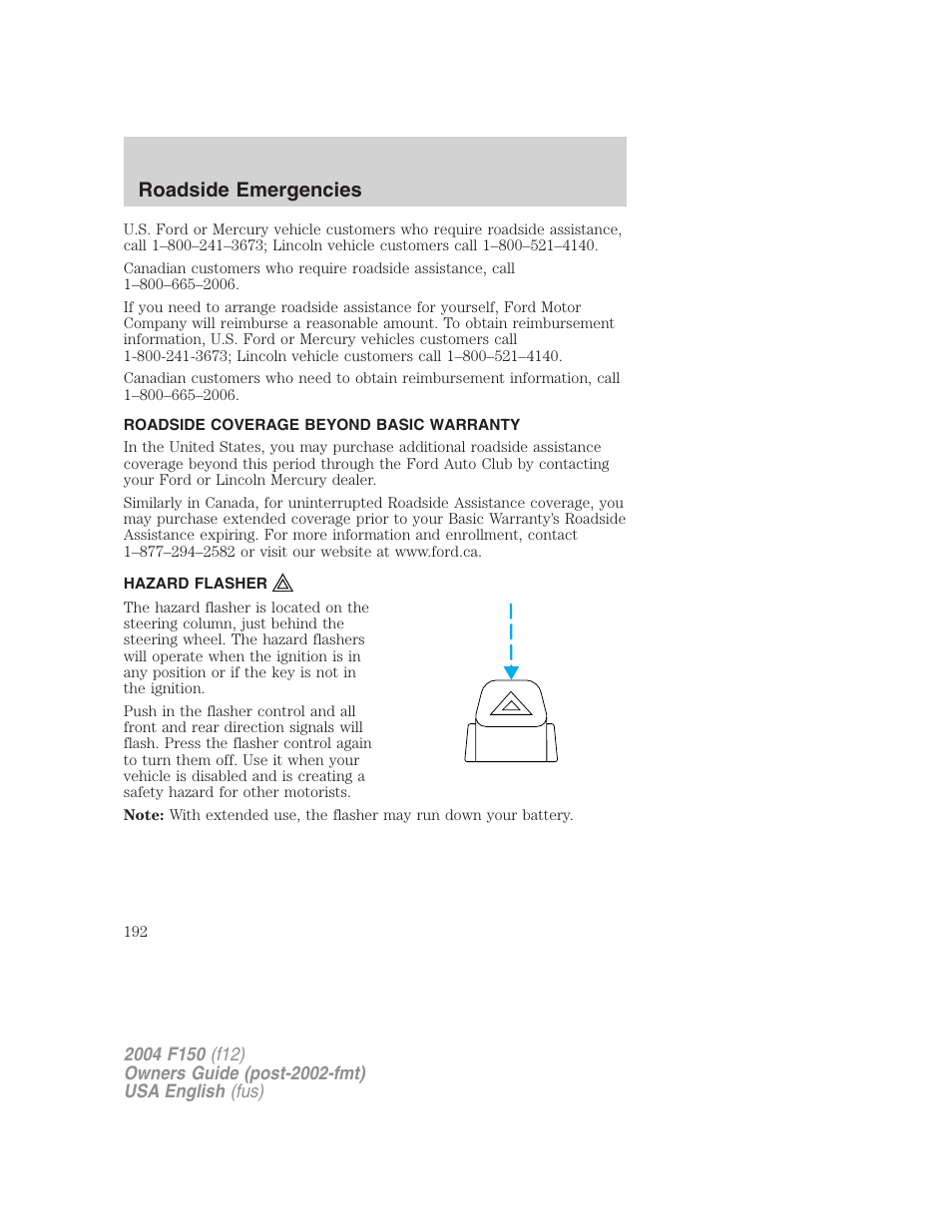 Roadside emergencies | FORD 2004 F-150 v.2 User Manual | Page 192 / 296