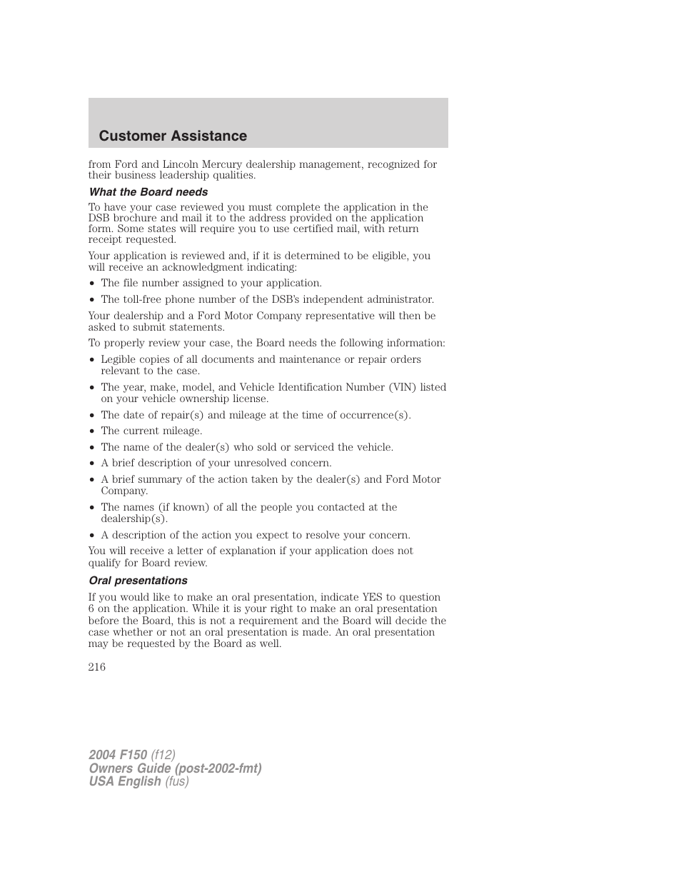 Customer assistance | FORD 2004 F-150 v.2 User Manual | Page 216 / 296