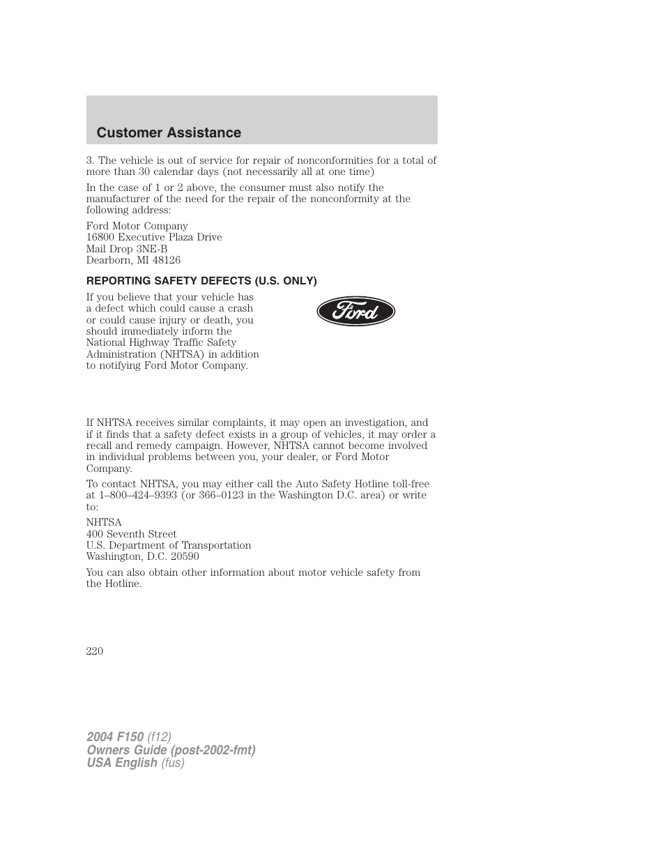 Customer assistance | FORD 2004 F-150 v.2 User Manual | Page 220 / 296