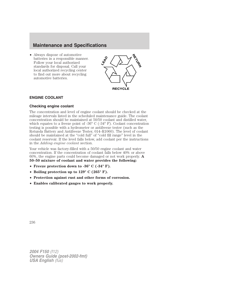 Maintenance and specifications | FORD 2004 F-150 v.2 User Manual | Page 236 / 296