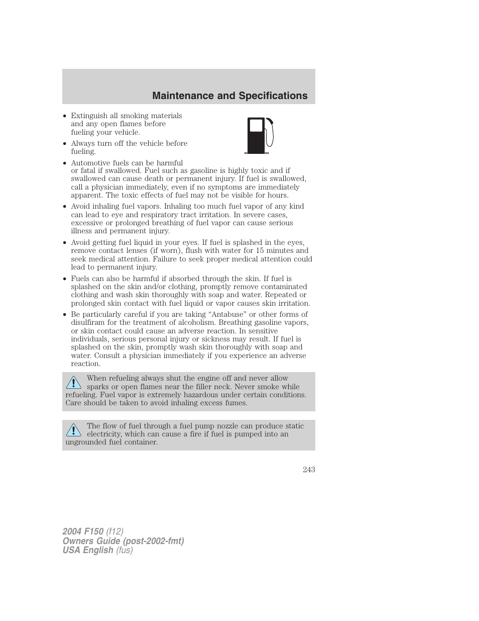 Maintenance and specifications | FORD 2004 F-150 v.2 User Manual | Page 243 / 296