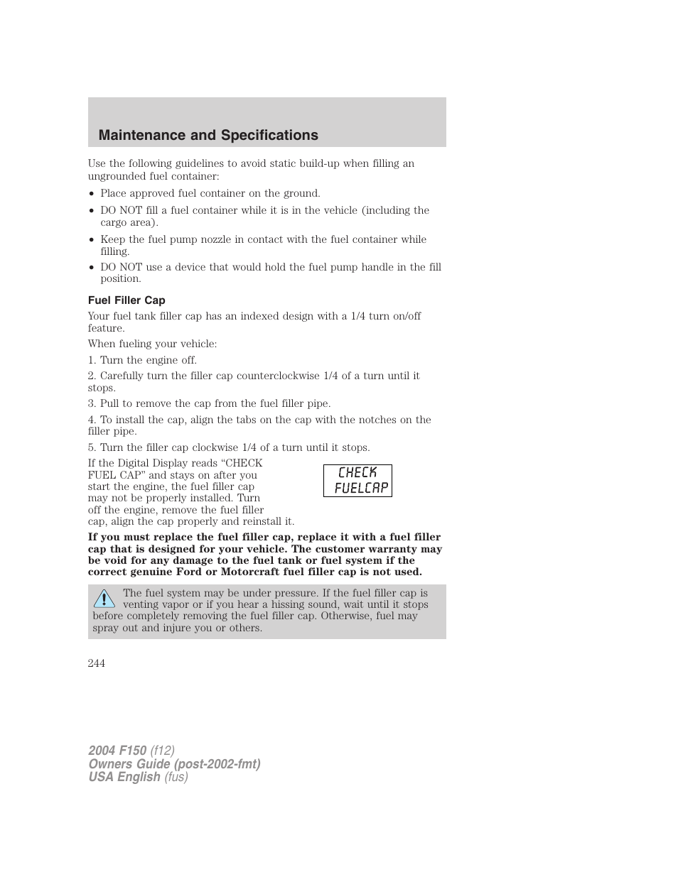 Maintenance and specifications | FORD 2004 F-150 v.2 User Manual | Page 244 / 296