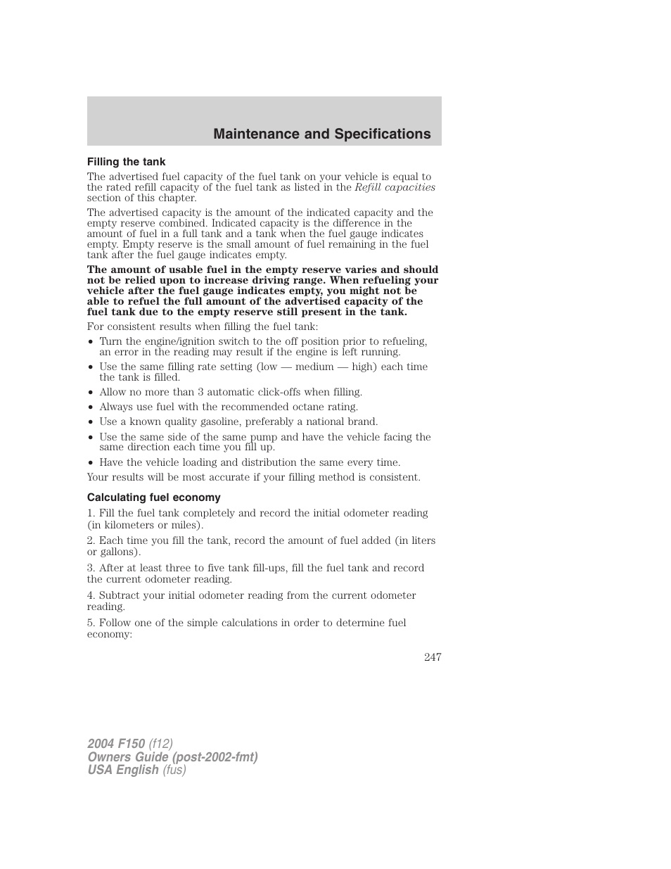 Maintenance and specifications | FORD 2004 F-150 v.2 User Manual | Page 247 / 296