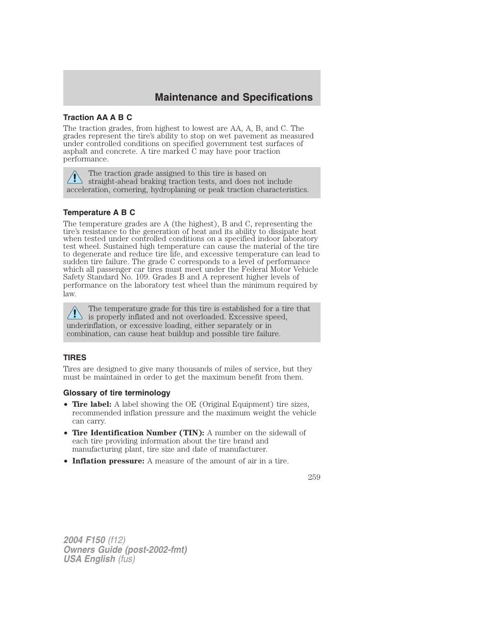 Maintenance and specifications | FORD 2004 F-150 v.2 User Manual | Page 259 / 296