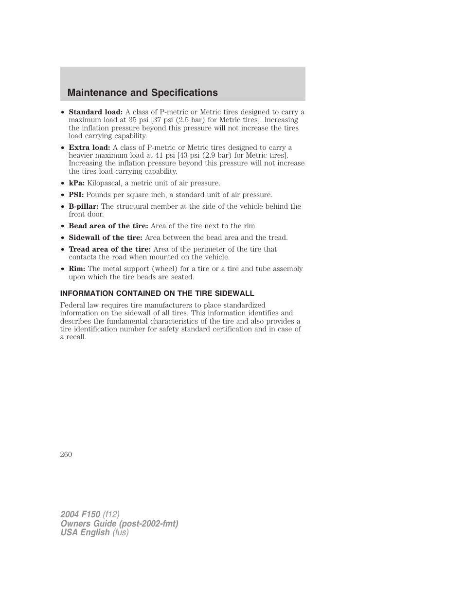 Maintenance and specifications | FORD 2004 F-150 v.2 User Manual | Page 260 / 296