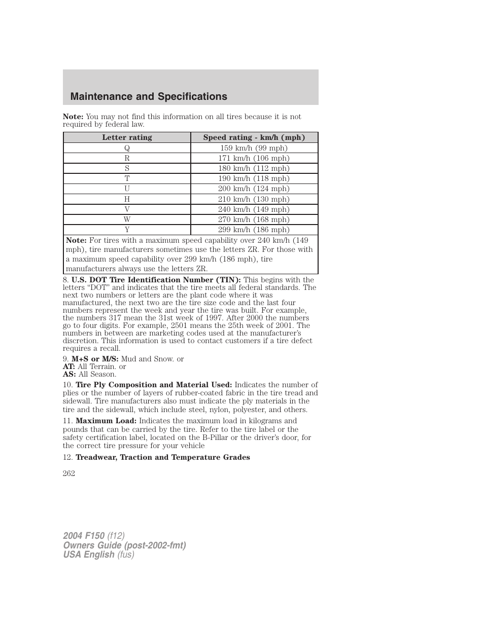 Maintenance and specifications | FORD 2004 F-150 v.2 User Manual | Page 262 / 296