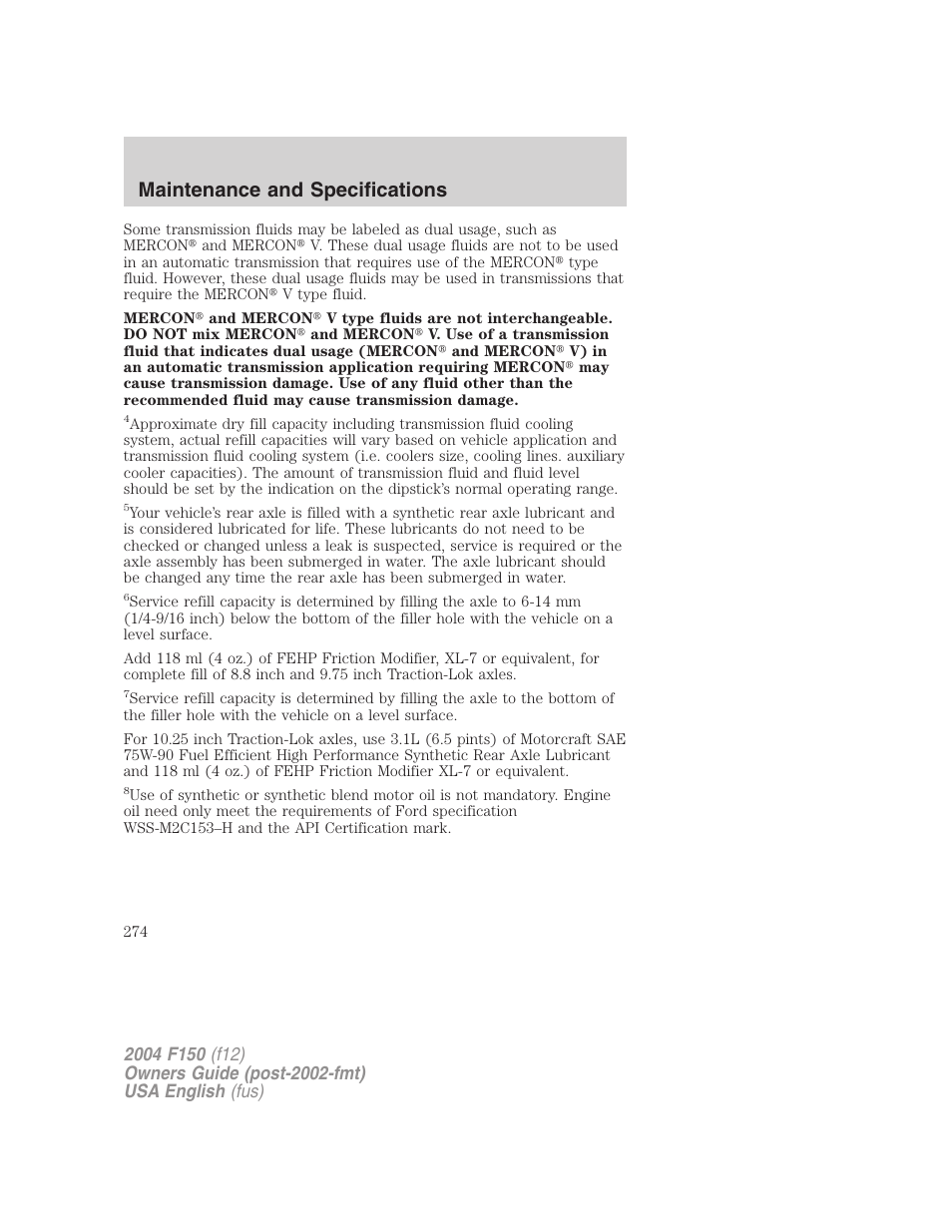 Maintenance and specifications | FORD 2004 F-150 v.2 User Manual | Page 274 / 296