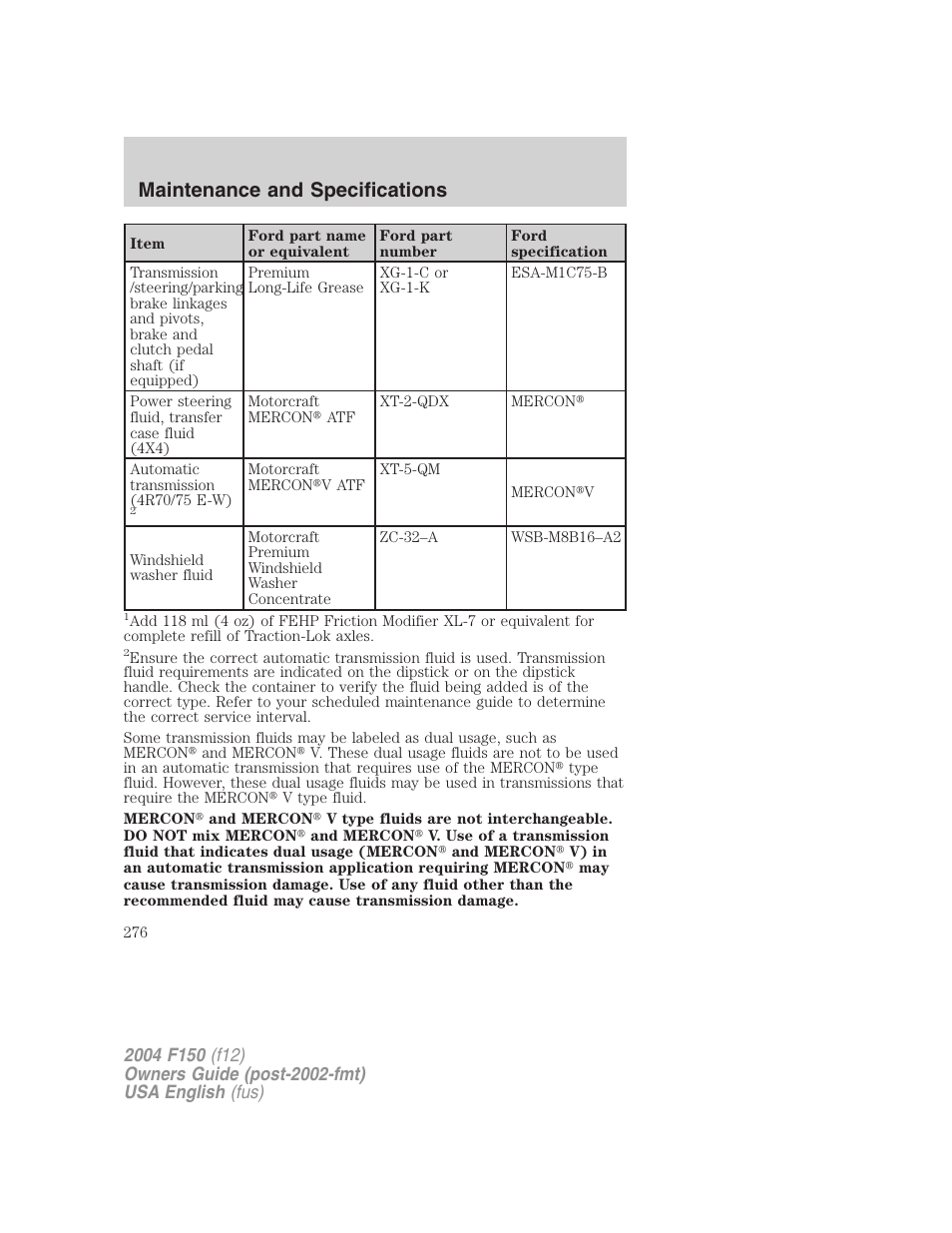 Maintenance and specifications | FORD 2004 F-150 v.2 User Manual | Page 276 / 296