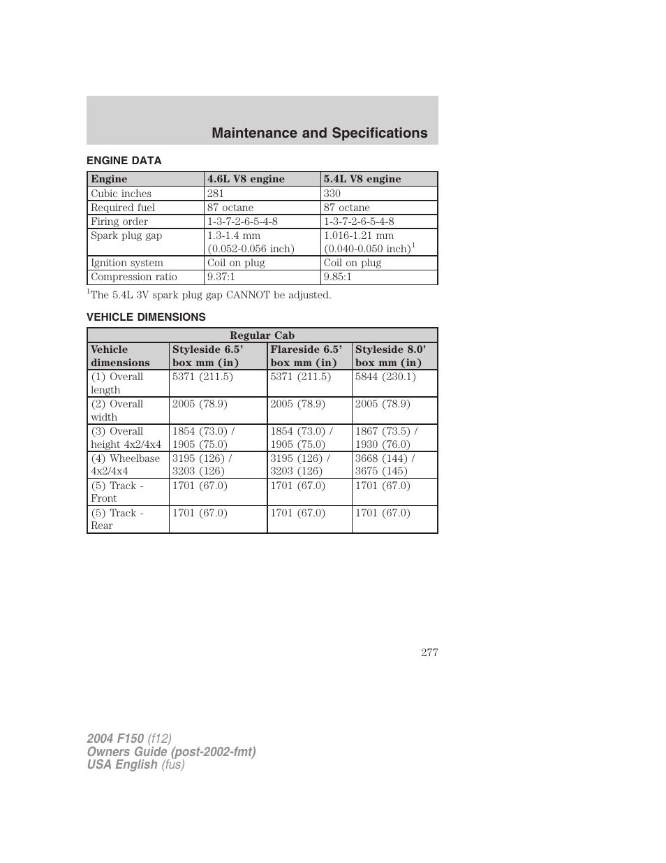 Maintenance and specifications | FORD 2004 F-150 v.2 User Manual | Page 277 / 296