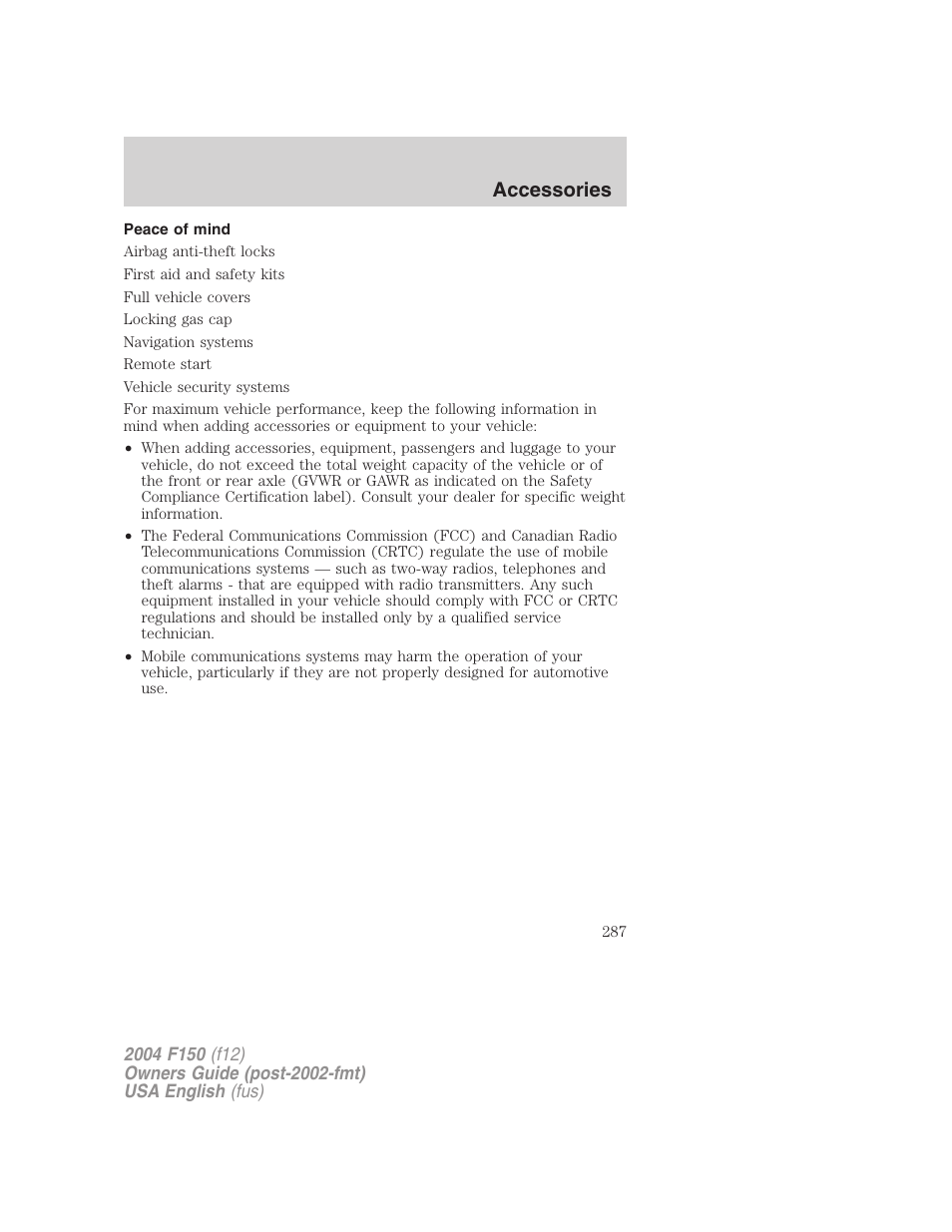 Accessories | FORD 2004 F-150 v.2 User Manual | Page 287 / 296