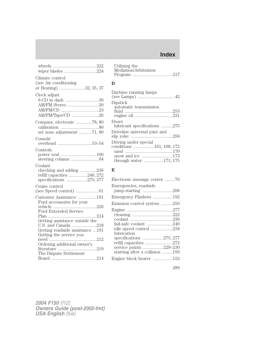 Index | FORD 2004 F-150 v.2 User Manual | Page 289 / 296