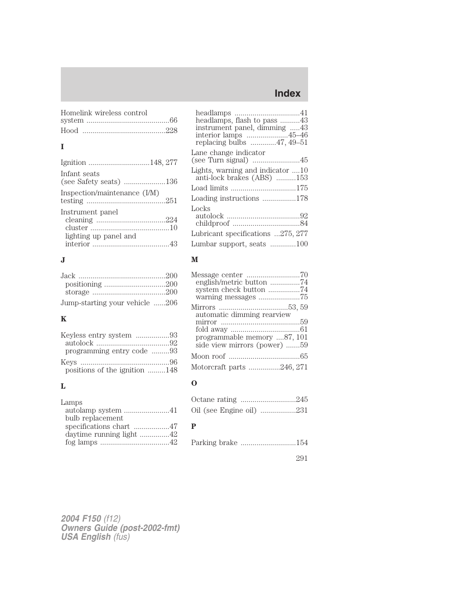 Index | FORD 2004 F-150 v.2 User Manual | Page 291 / 296